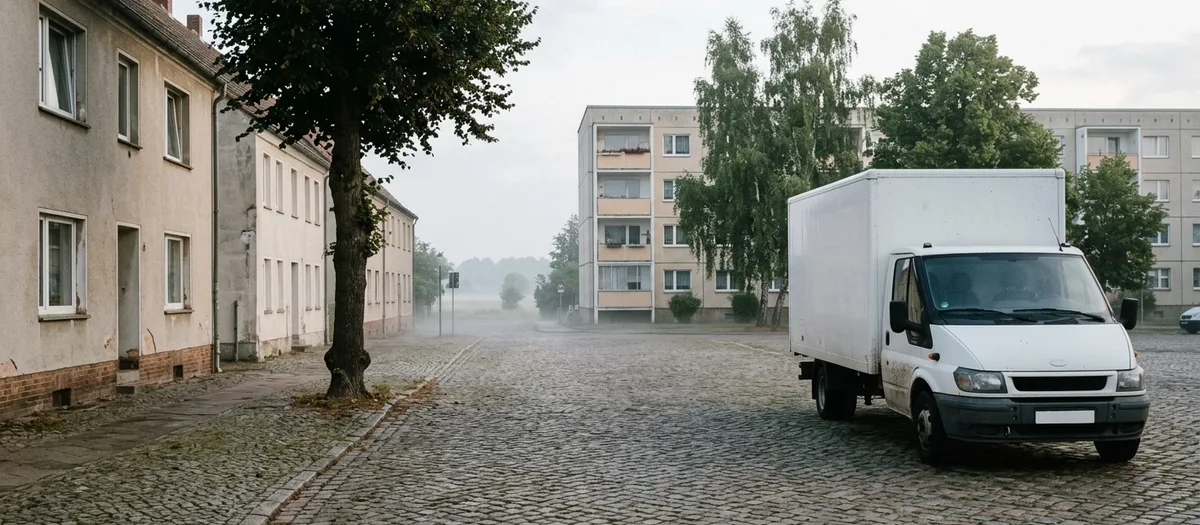 Leerer Marktplatz im Morgennebel mit Kopfsteinpflaster, Linde und weißem Möbelkoffer am Rand