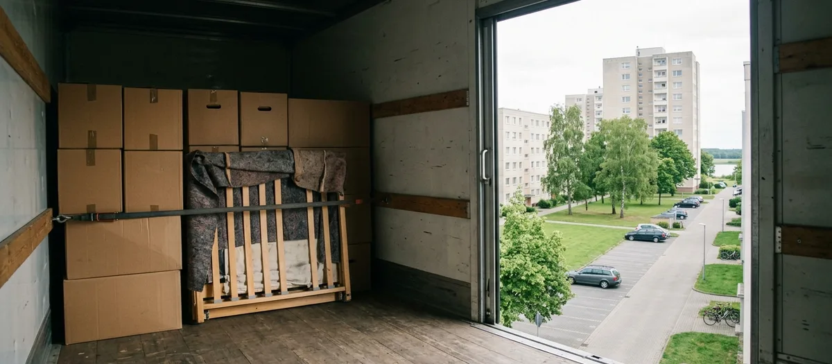 Blick in einen halb beladenen Möbelkoffer, Kartons und ein zerlegtes Bettgestell mit Sperrbalken gesichert