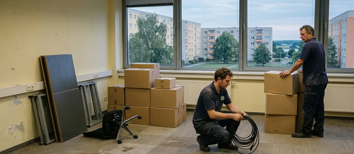 Leergeräumtes Büro mit gestapelten Kartons, zerlegten Schreibtischplatten und umgelegtem Bürostuhl, ein Träger rollt ein Kabel auf