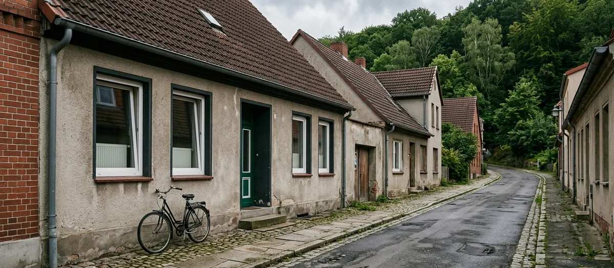 Kleinstadtstraße unterhalb eines bewaldeten Hügels mit Putzhäusern, Kopfsteinpflaster und angelehntem Fahrrad
