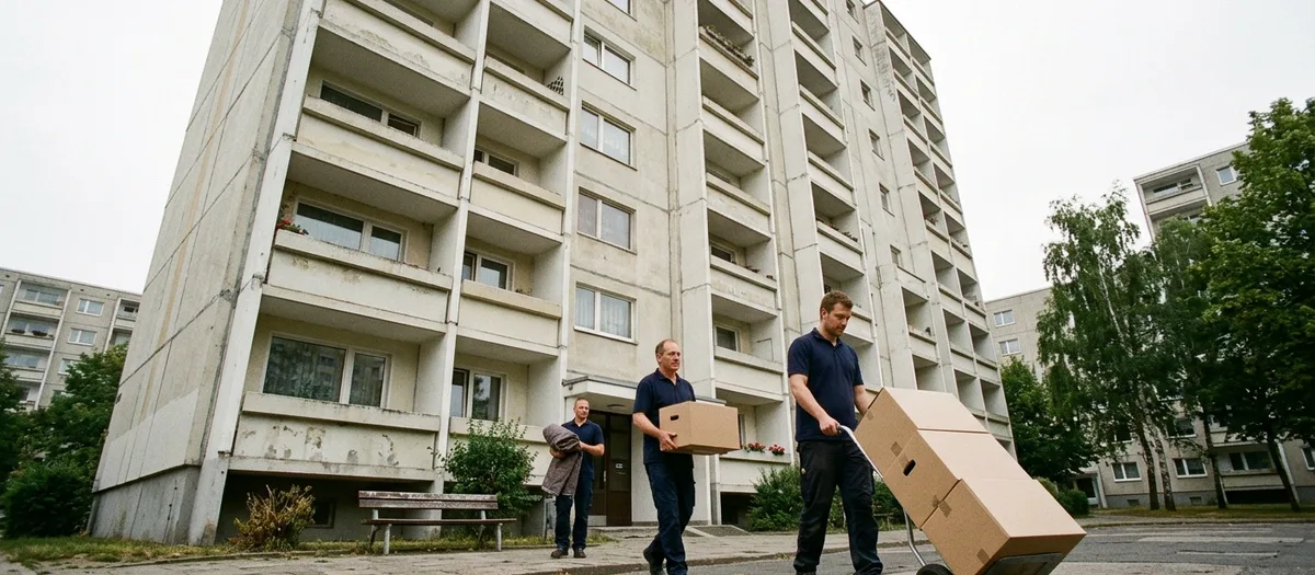 Hochhaus von unten aufgenommen, davor Träger mit Kartons und Sackkarre auf dem Vorplatz