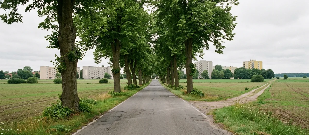 Lindenallee auf einer Landstraße aus der Stadt heraus, rechts zweigt ein Feldweg ab
