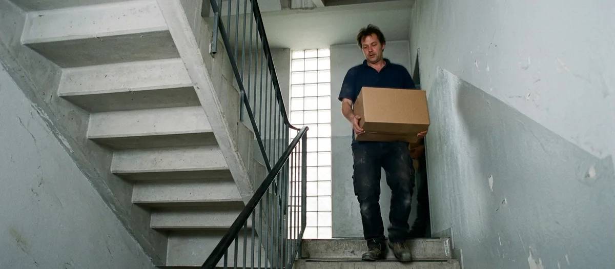 Träger mit Karton auf der Treppe eines Plattenbau-Treppenhauses mit Glasbausteinfenster