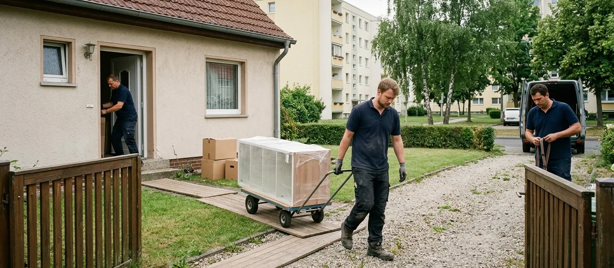 Rollwagen mit gewickeltem Schrank auf ausgelegten Laufplatten über dem Rasen vor einem Einfamilienhaus