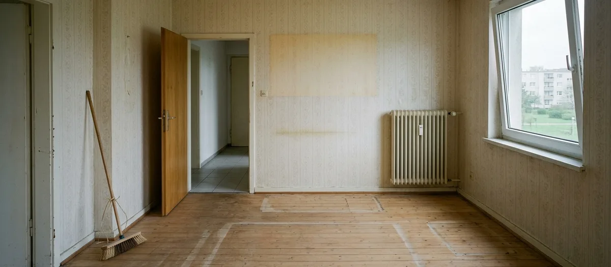 Vollständig leergeräumtes Zimmer mit Staubrändern auf den Dielen, heller Fläche an der Tapete und Besen in der Ecke