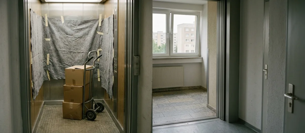 Mit Decken ausgekleidete Aufzugkabine, darin eine Sackkarre mit drei Kartons
