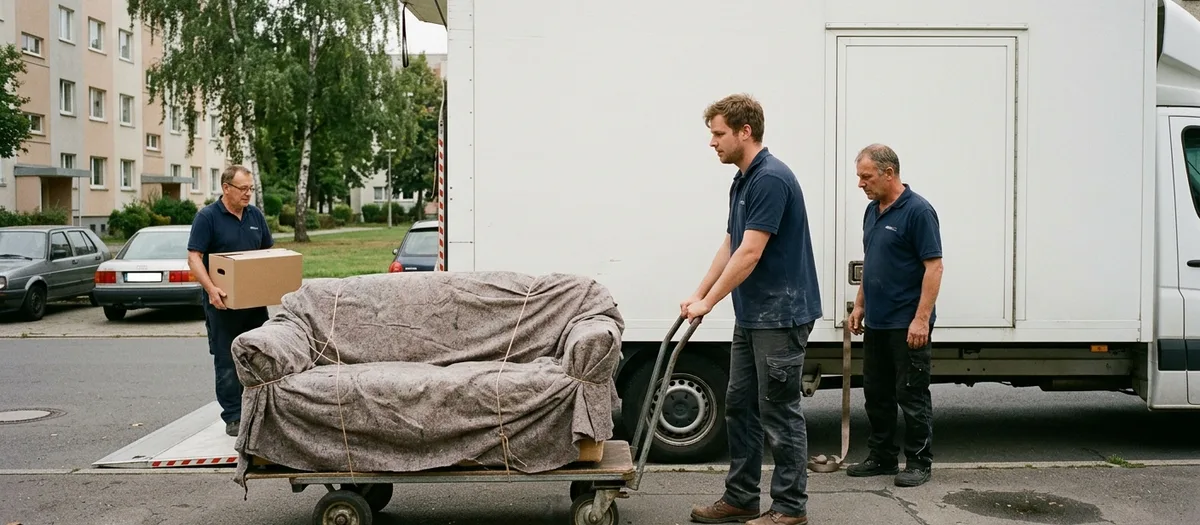 In Decken gewickeltes Sofa auf einem Rollwagen neben einem weißen Möbelkoffer, drei Träger dabei