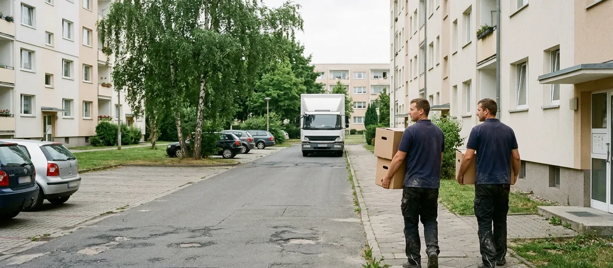 Zwei Träger mit Kartons im begrünten Wohnhof zwischen Plattenbauten, dahinter ein weißer Möbelkoffer