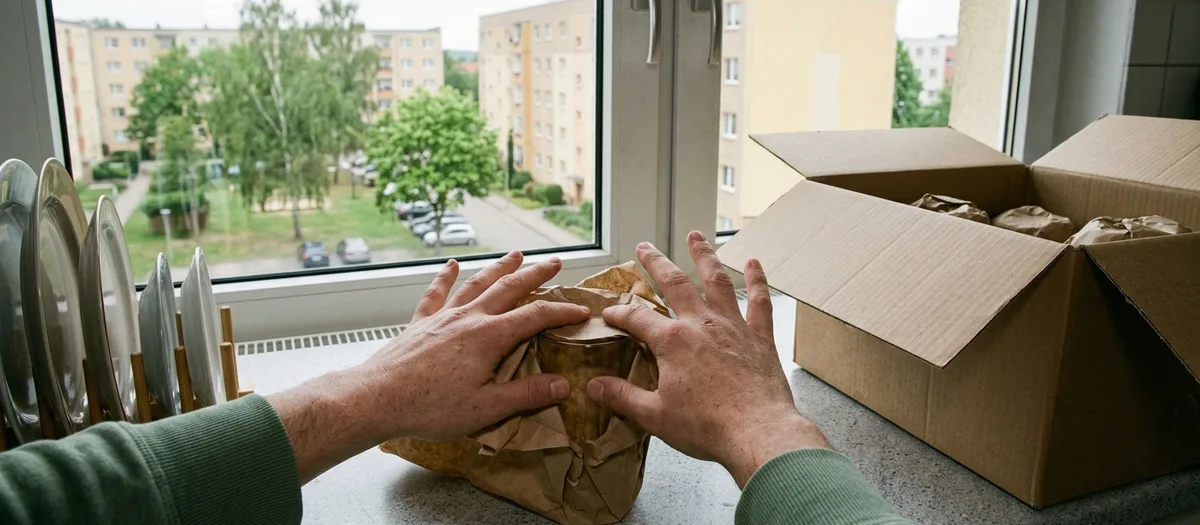 Zwei Hände wickeln ein Glas in Packpapier, daneben ein offener Karton und hochkant stehende Teller
