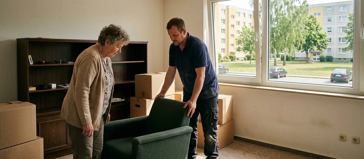 Ältere Frau und ein Träger stellen gemeinsam einen grünen Sessel in einer halb geräumten Wohnung ab