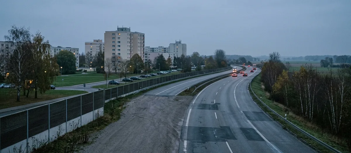 Ausfallstraße im Morgengrauen mit Lärmschutzwand, Rücklichtern und Wohnblöcken am Rand