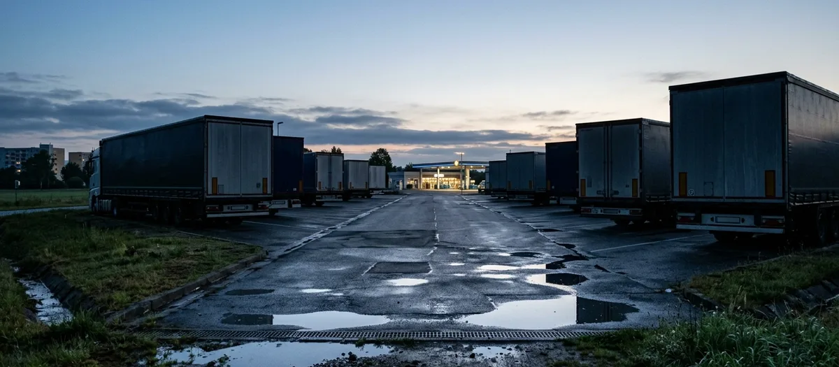 Rastplatz im ersten Licht mit Reihen abgestellter Anhänger und Pfützen auf dem Asphalt