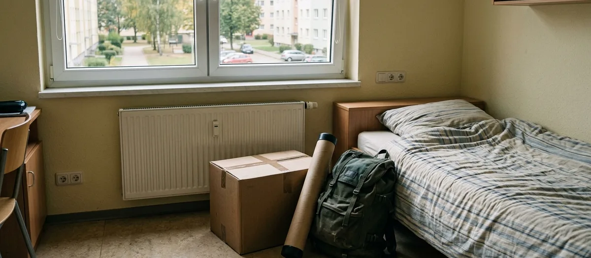 Kleines Zimmer mit einem gepackten Karton, einer Posterrolle und einem Rucksack neben dem Bett