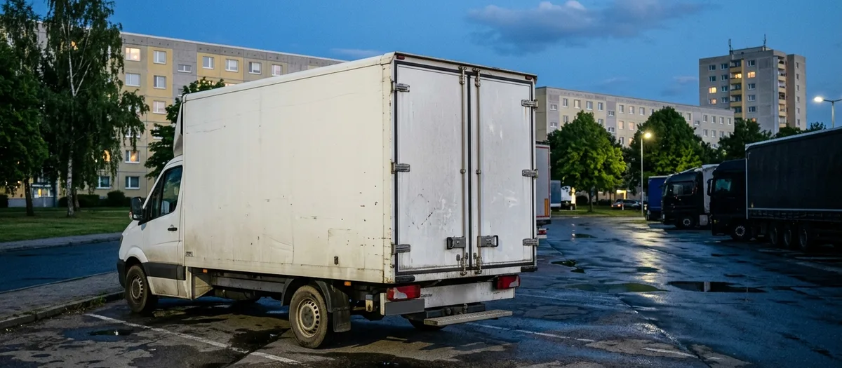 Weißer Möbelkoffer mit geschlossenen Hecktüren auf einem beleuchteten Lkw-Parkplatz in der Abenddämmerung