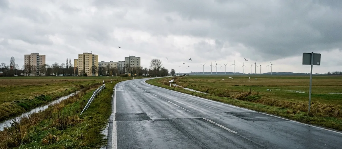 Nasse Landstraße durch flache Felder, am Horizont Windräder und Möwen über den Wiesen