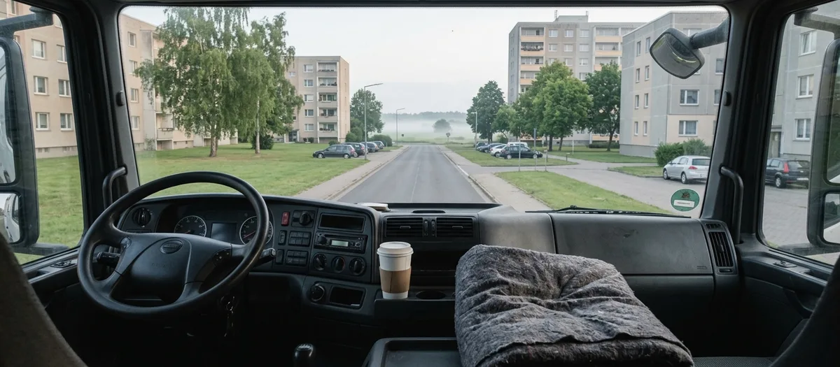 Blick aus dem Fahrerhaus eines Möbelwagens am frühen Morgen auf eine nebelverhangene Straße