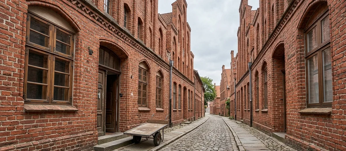 Enge Kopfsteingasse zwischen Backsteingiebeln, an einer Haustür steht ein Rollwagen